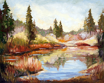 Doreen Abegg oil painting of autumn colors at Big Bear Lake